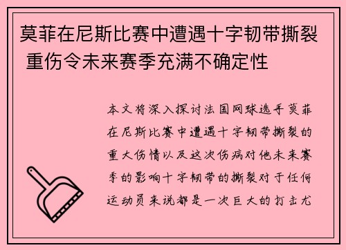 莫菲在尼斯比赛中遭遇十字韧带撕裂 重伤令未来赛季充满不确定性